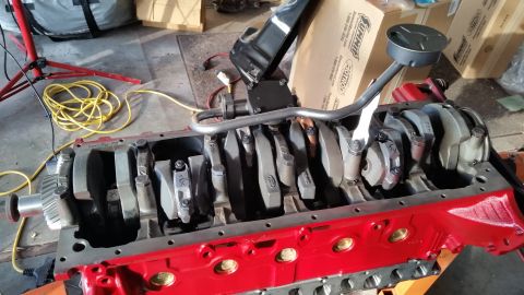 1981 Ford Bronco - A red V8 engine block is shown with the crankshaft and connecting rods installed. An oil pump and pickup tube are also visible.