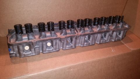 1981 Ford Bronco - A gray engine cylinder head with multiple black valve springs and retainers is shown from a side angle, resting on a cardboard surface.