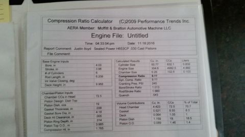 1981 Ford Bronco - A document detailing engine specifications and compression ratio calculations.