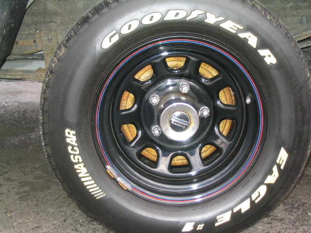 Close-up of a Goodyear Eagle NASCAR tire on a black American Racing wheel