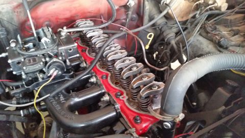 1981 Ford Bronco - The engine bay shows a red-painted valve cover and a carburetor, with various hoses and wires visible.