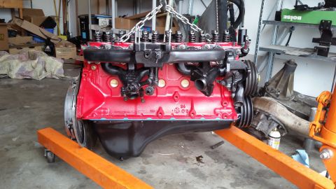 1981 Ford Bronco - A red engine is suspended by chains and resting on an orange engine stand in a garage setting.