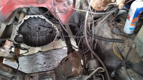 1981 Ford Bronco - The engine bay reveals the transmission housing removed, exposing the drivetrain and a complex network of wires.