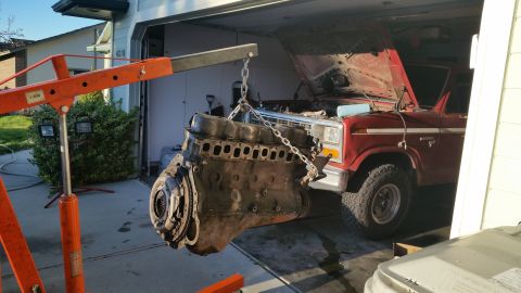 1981 Ford Bronco - Engine removal in progress for a 1981 Ford Bronco.
