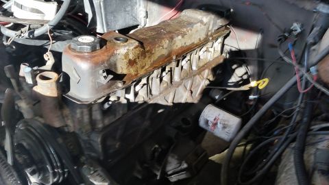 1981 Ford Bronco - Close-up view of an engine bay, showing a rusty valve cover and various engine components.
