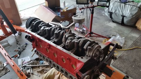 1981 Ford Bronco - Engine block assembly on an engine stand, ready for further work.