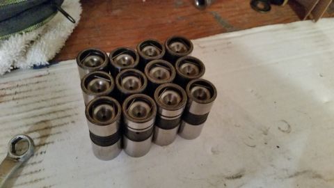 1981 Ford Bronco - A collection of engine lifters are laid out on a surface next to a wrench.
