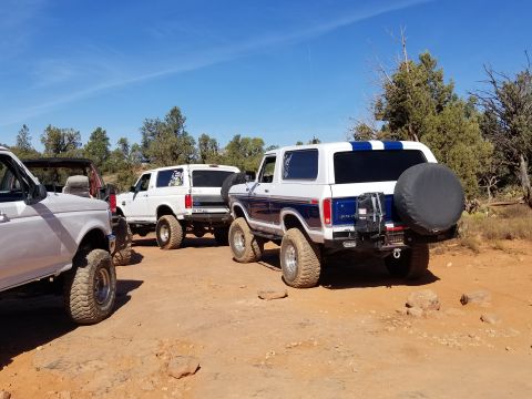 1995 Ford Bronco - Several Ford Broncos are parked on a dirt road in a dry, wooded area under a clear blue sky. The Bronco in the foreground on the right is w…