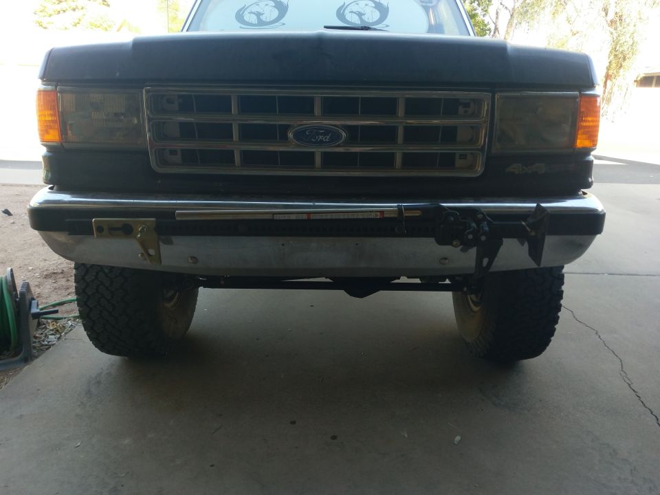 1988 Ford Bronco front view with Hi-Lift jack and tow hook on bumper