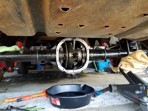 1996 Ford Bronco - Underneath view of a vehicle's rear differential with the cover removed, exposing the gears. Tools and a drain pan are visible on the groun…