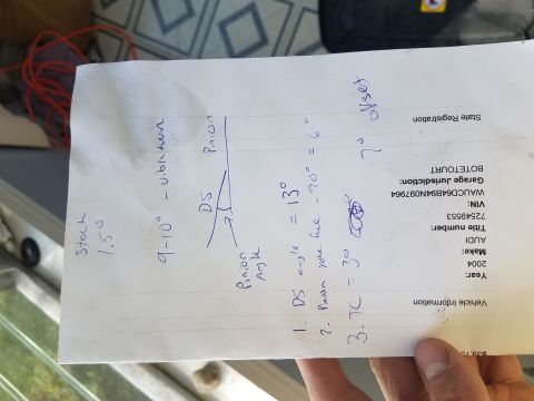 1996 Ford Bronco - A handwritten note with vehicle information and measurements. The note includes details such as "DS angle = 13°", "Pinion your face - 90° =…