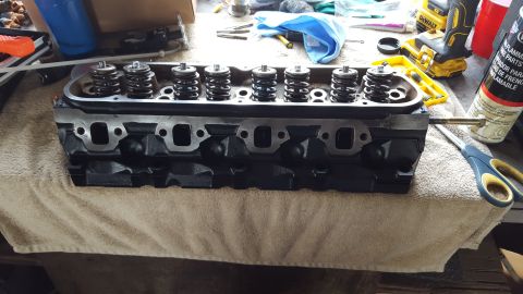 1996 Ford Bronco - A black engine cylinder head with valve springs installed is shown resting on a tan towel. Various tools and a can of spray cleaner are vis…