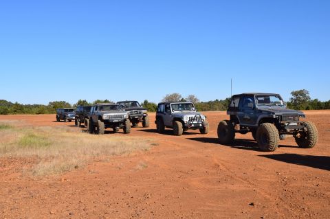 1995 Ford Bronco - A line of modified off-road vehicles, including Jeeps and a Ford Bronco, are parked on a dirt road under a clear blue sky.