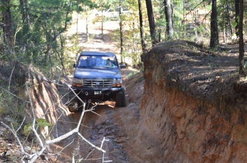 1995 Ford Bronco - A dark blue Ford Bronco drives off-road on a dirt path with steep, eroded sides, surrounded by trees.