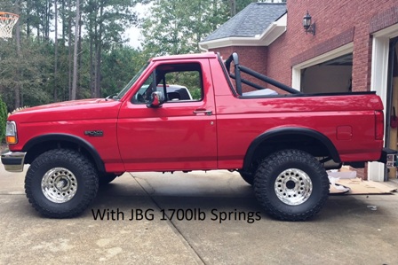 1994 Ford Bronco - Side profile of a red 1994 Ford Bronco with large off-road tires and chrome rims. A roll bar is visible in the bed of the truck.