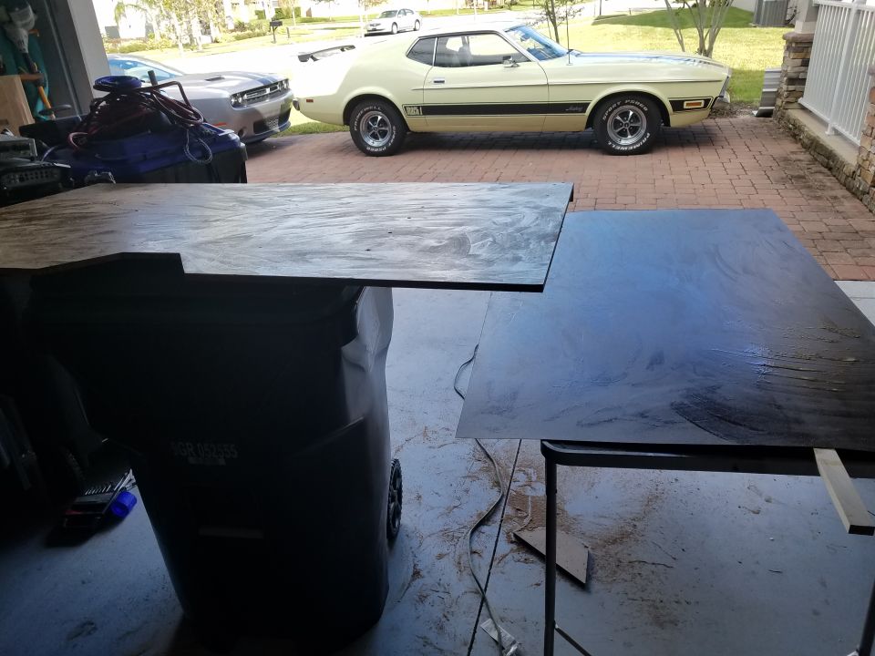 Yellow 1973 Ford Mustang Mach 1 parked on driveway, side view