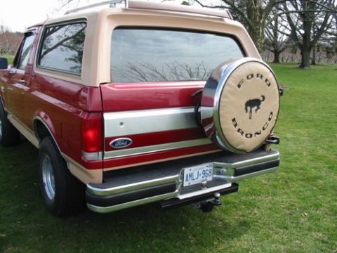 1988 Ford Bronco - Rear view of a 1988 Ford Bronco parked on grass with trees in the background.