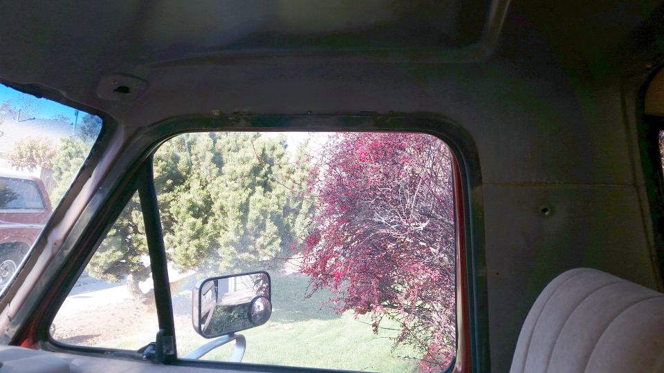 Interior view from passenger side of a vehicle, looking out window at trees and side mirror.