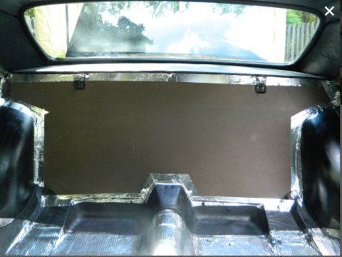 1969 Mercury Cougar - Trunk interior with sound deadening insulation and a rear panel installed.