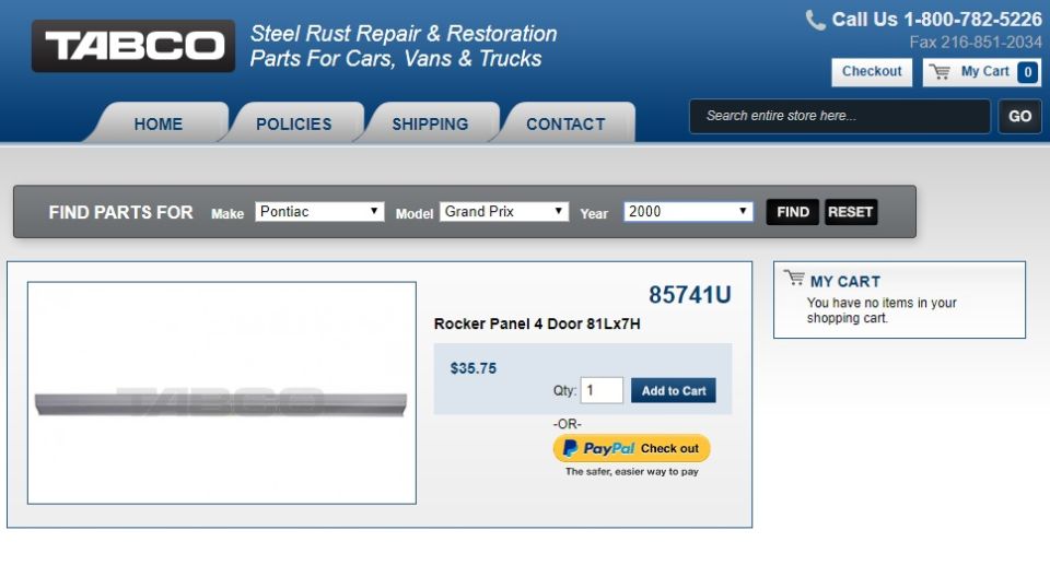 Screenshot of a website selling a rocker panel for a 2000 Pontiac Grand Prix