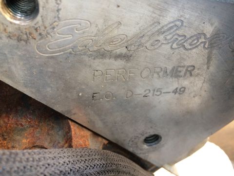 1989 Ford Bronco - Close-up of an Edelbrock Performer intake manifold, showing the part number E.O. D-215-49.