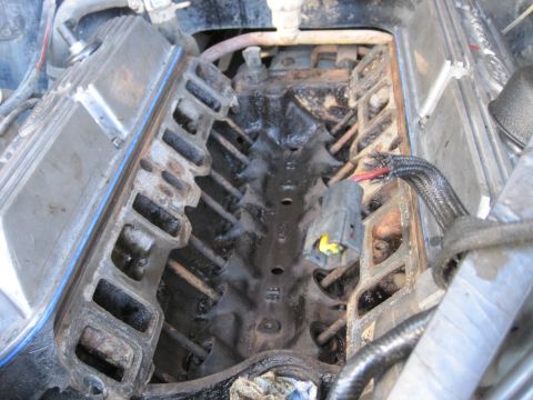 1989 Ford Bronco - Close-up view of an engine block's interior, revealing the intake manifold area after removal.