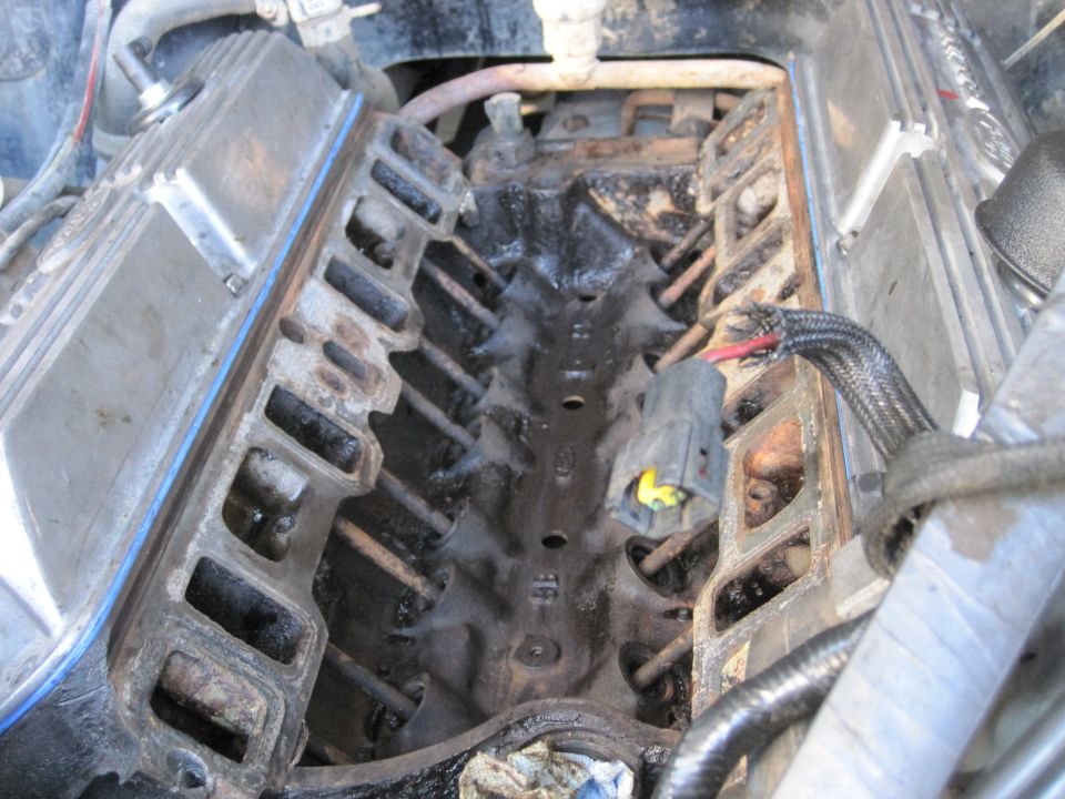 Engine block interior with intake manifold removed, showing cylinder walls and valve stems