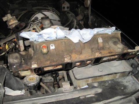 1989 Ford Bronco - Intake manifold removed during engine reassembly, showing internal engine components.