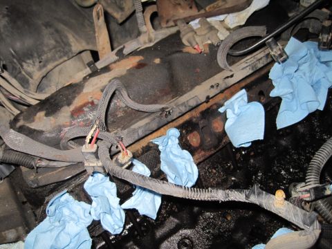 1989 Ford Bronco - Close-up of an engine bay with wiring and blue shop towels, likely during reassembly or maintenance.