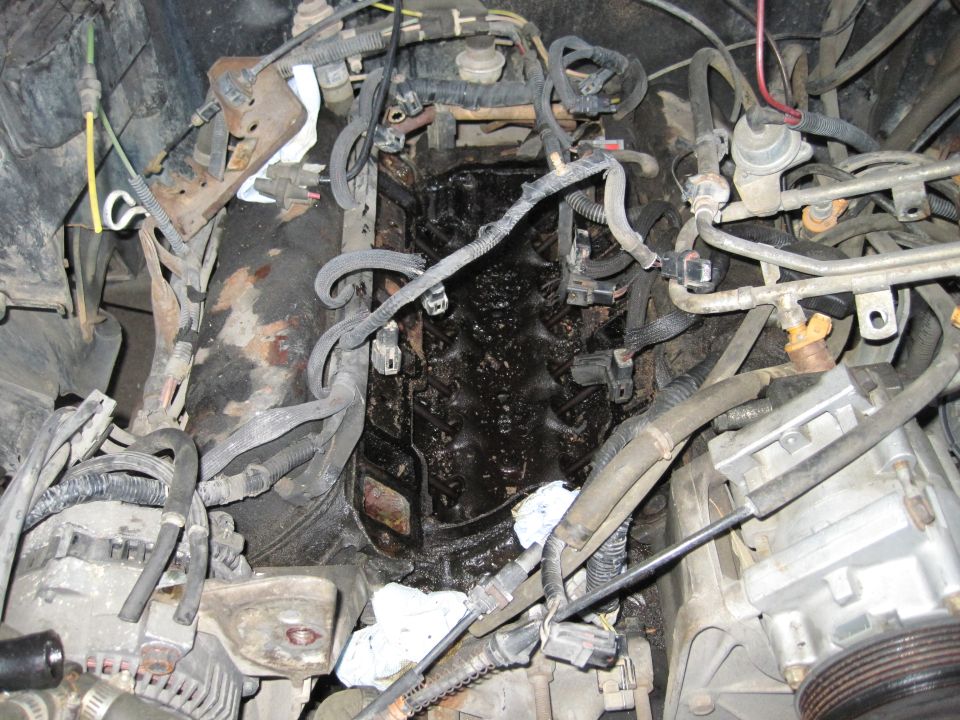 Engine bay with heavy oil and grime buildup, showing hoses, wires, and engine components