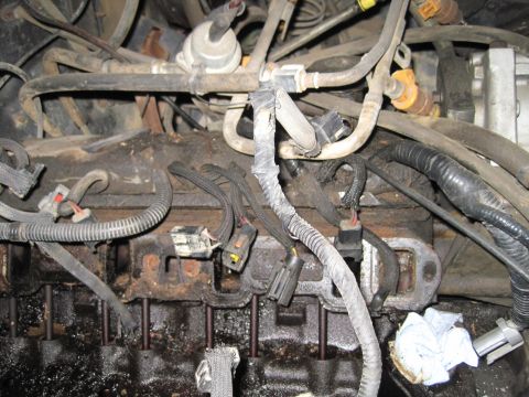 1989 Ford Bronco - Close-up view of an engine bay, showing fuel injectors and numerous wiring harnesses.
