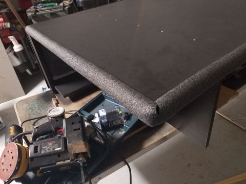 1994 Ford Bronco - Custom speaker box project in progress, with tools laid out on the workbench.