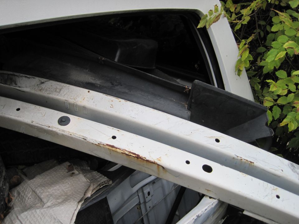 Close-up of a white vehicle frame with rust and holes, against black trim and foliage.
