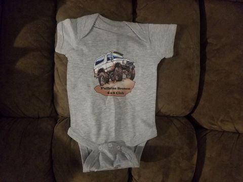 1988 Ford Bronco - A gray baby onesie with a graphic of a lifted, white Ford Bronco driving through mud. Text below the Bronco reads "Fullsize Bronco 4x4 Club…