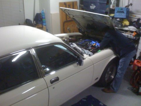 1987 Jaguar XJ6 - A person works on the engine of a white sedan in a garage.