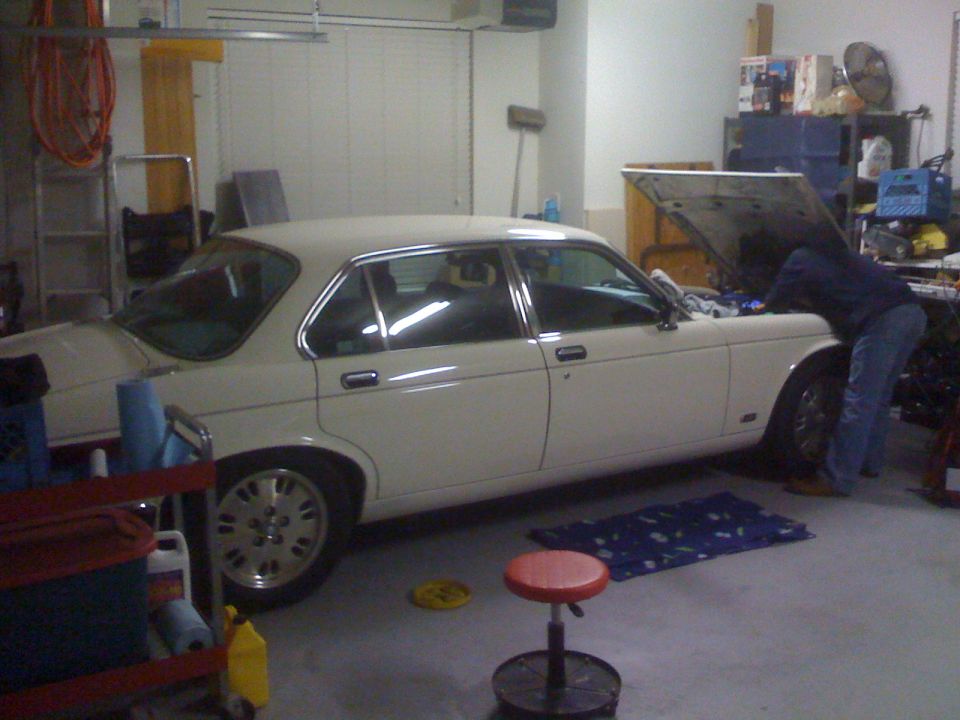 Cream-colored 1987 Jaguar XJ6 sedan, side view, hood open, person working on engine in garage