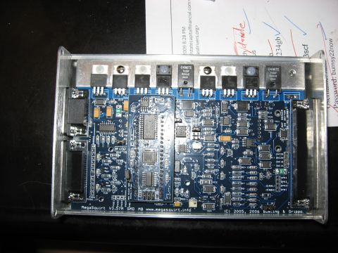 1987 Jaguar XJ6 - Close-up of an electronic circuit board, identified as MegaSquirt V3.57M SMD MB.
