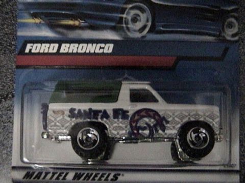 1979 Ford Bronco - Mattel Wheels 1979 Ford Bronco toy car with Santa Fe graphics.