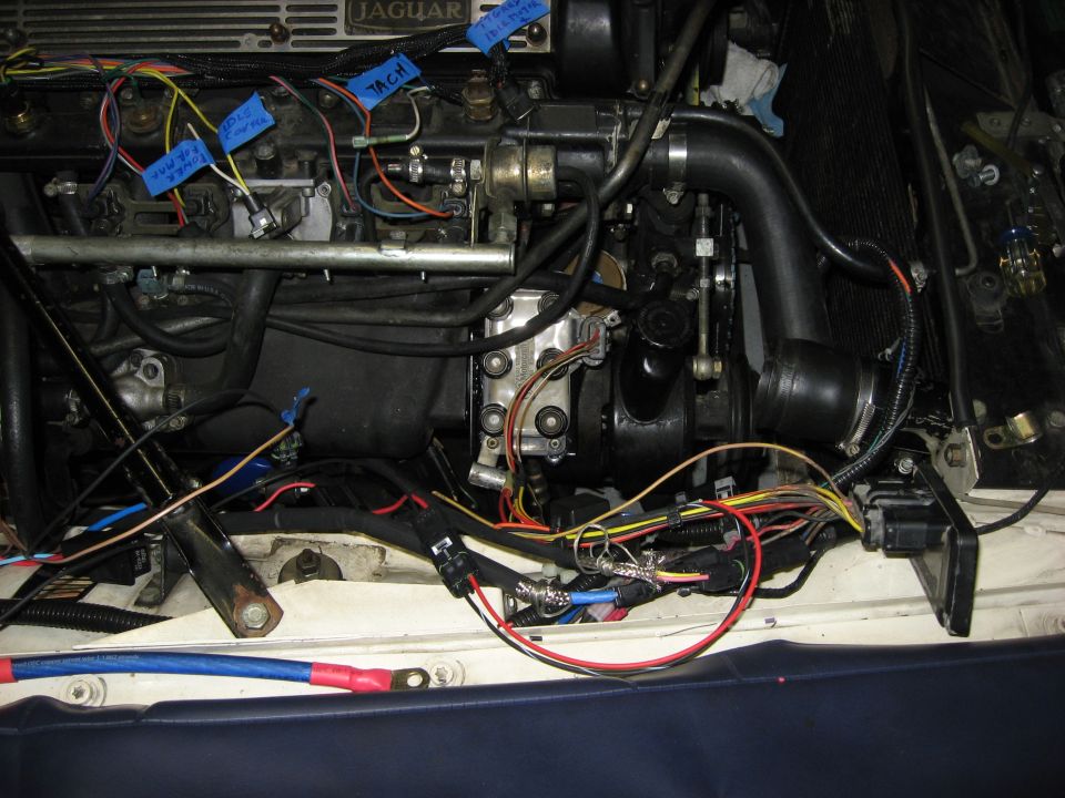 Jaguar XJ6 engine bay with labeled wires and hoses.
