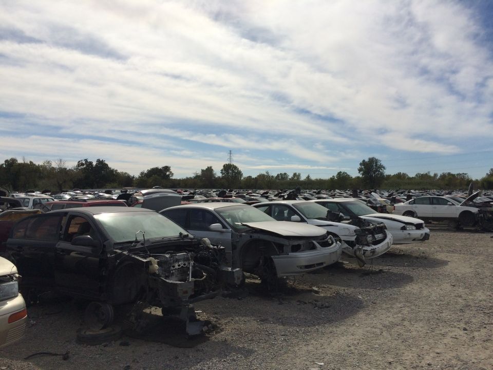Junkyard with rows of damaged cars, foreground is a black sedan with front end removed.