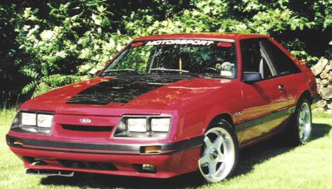 1986 Ford Mustang - A red coupe with a black hood accent and 'MOTORSPORT' banner is parked on grass with a wooded background.