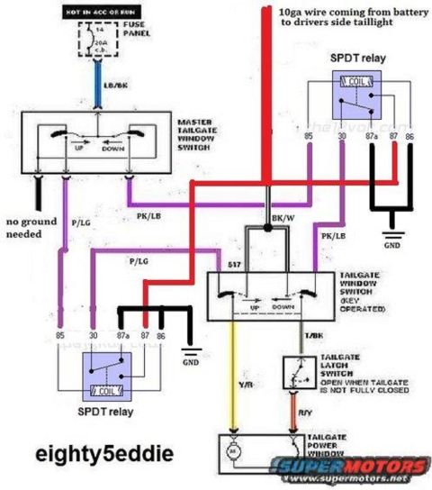 1994 Ford Bronco - Wiring diagram showing the tailgate power-window circuit with SPDT relays, master and key switches, fuse panel, and color-coded wires.