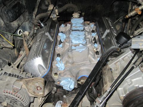 1989 Ford Bronco - Engine intake manifold and valve covers during a build or repair.