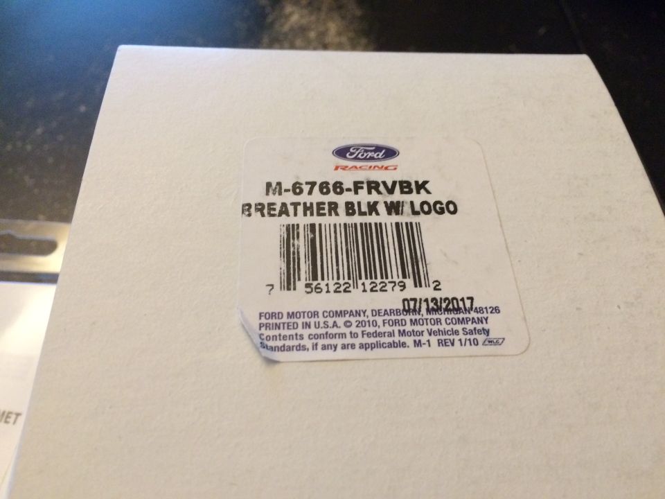 Ford Racing M-6766-FRVBK breather part label with barcode and manufacturing date