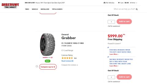 1994 Ford Bronco - General Grabber tire shown on Discount Tire Direct website.