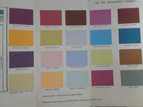 1994 Ford Bronco - A document displays various paint color options with their names, including 'Merry Cherry' and 'Indecent Indigo'.