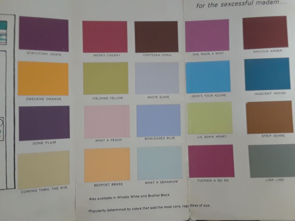 Novelty paint brochure color chart with swatches such as Merry Cherry and Indecent Indigo