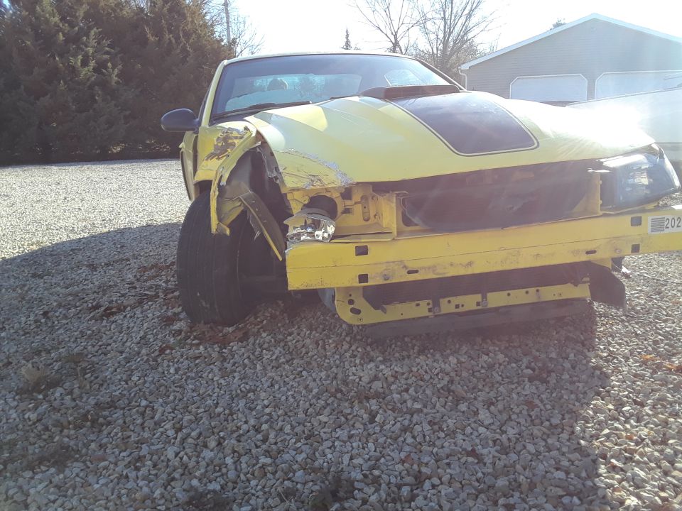 Yellow car, looks like a Mustang, with heavy front damage. Hood has black stripes. Parked on gravel