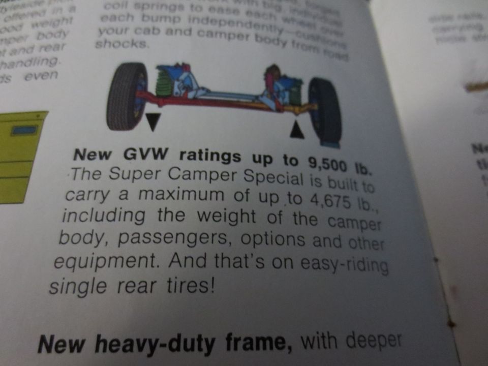 Sales brochure page describing Super Camper Special GVW ratings and heavy-duty frame