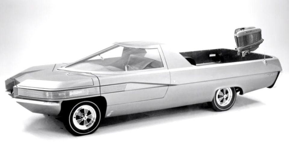Concept car with a very angular front end and a pickup bed, has a large grille mounted in the bed